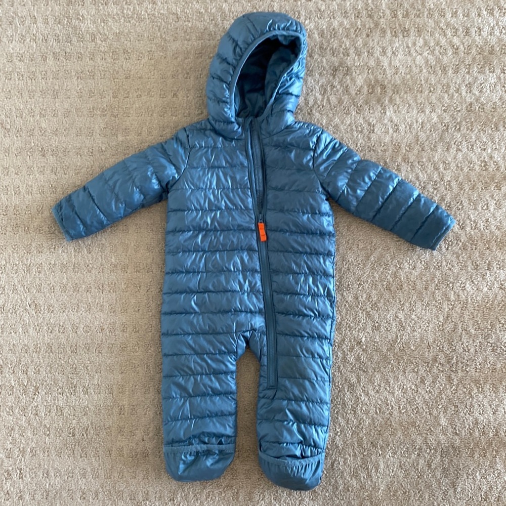 Primary baby bunting/baby puffer suit, 6-12 months in color “slate blue”